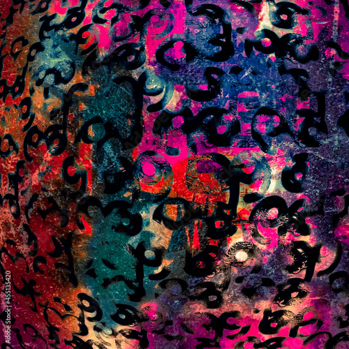 abstract multicolored grunge textured background with splashes and black swirls