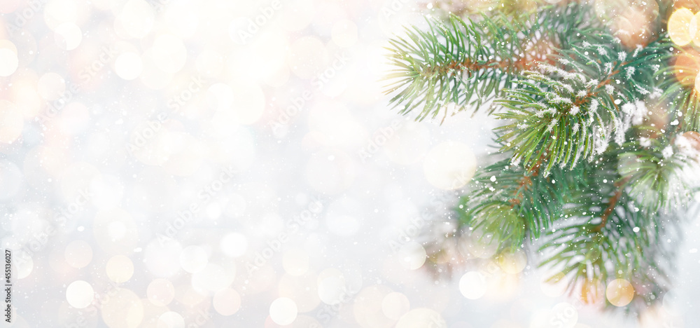 Christmas greeting card with fir tree branches covered by snow Christmas greeting card with fir tree branches covered by snow