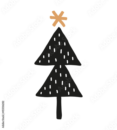 Abstract Hand Drawn Vector Illustration  with Black Christmas Trees. Infantile Style Winter Holidays Print ideal for Card, Wall Art, Greetings. Simple Tree and Star isolated on a White Background. 