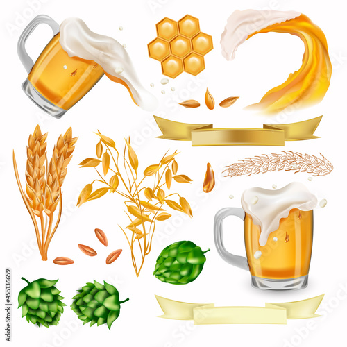 Hop, ears of wheat, barley, cereals wheat, Beer in glass with splashing, honeycomb, beer wave. Vector icons for your design. Vector illustration