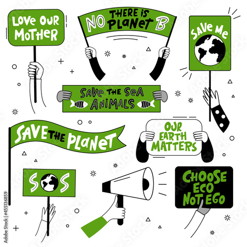 Set of hand-drawn vector banners protesting pollution and climate change.