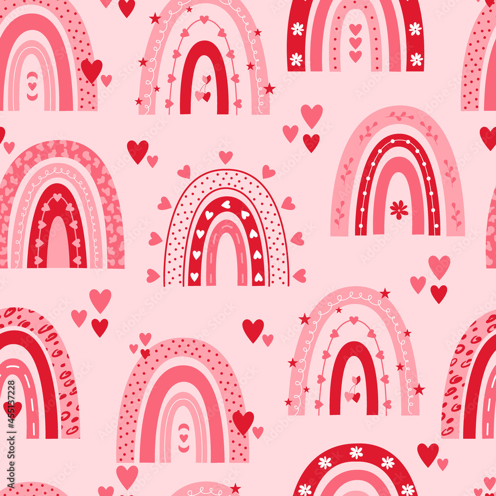 Valentine's day seamless pattern with rainbows and hearts on pink background. Valentine's day seamless pattern with rainbows and hearts on pink background.
