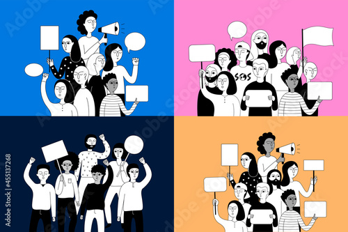 A set of 4 posters with groups of people participating in the action.