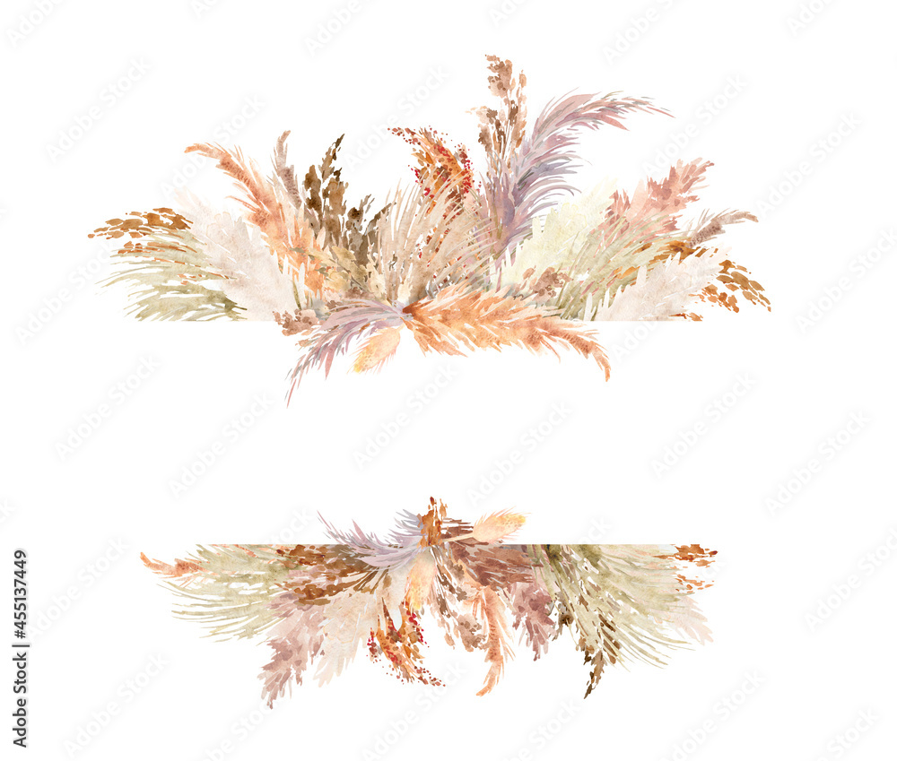 Pampas grass border painted with watercolor. Botanical boho border