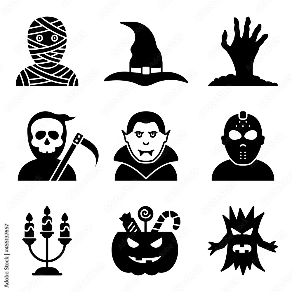 Fototapeta premium Cute Halloween Silhouette Icon Set. Funny Costume of Dracula, Mummy, Witch, Grim Reaper, Vampire for Halloween Party Glyph Pictogram. Black Scary Halloween Set Icon. Isolated Vector Illustration