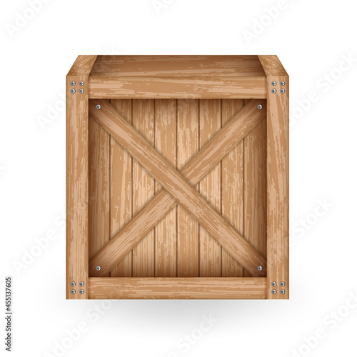 Realistic old wooden box for storage and delivery design. Vintage container made of planks with metal screws. Cargo container mockup template.