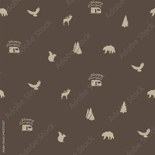 Outdoor design, camping pattern, Caravan, pine, bear, squirrel, eagle, deer