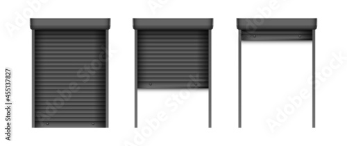 Set of black window blinds. Realistic plastic window shutters. Closed and open jalousie mockup template for interior decoration design