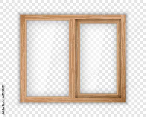 Realistic window with wood texture frame. Double casement wooden window mockup template. Windowpane frame and transparent pane for outdoor interior design.
