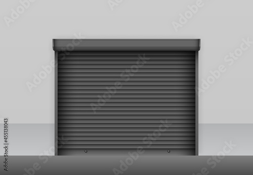 Realistic black roller shutter door on grey storage wall. Industrial roller shutter for metal gate. Closed garage door