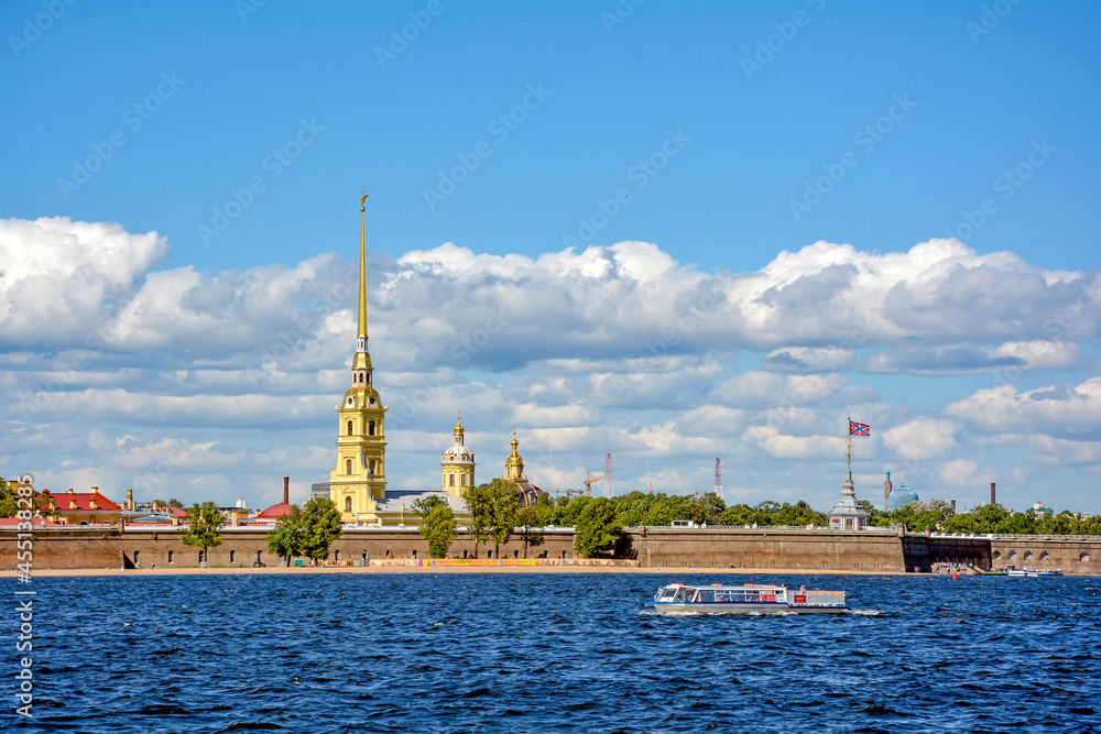 Historic Saint Peter's Fortress on the banks of the Neva River in Saint Pertersburg, Russia in a suny day