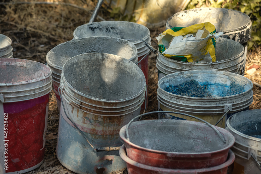 Bunch of dirty contruction buckets Bunch of dirty contruction buckets