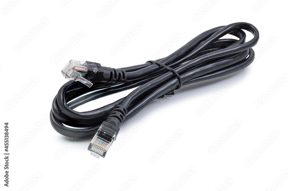LAN cable isolated on white background, ethernet cable, black patch cord full duplex network cable LAN cable isolated on white background, ethernet cable, black patch cord full duplex network cable