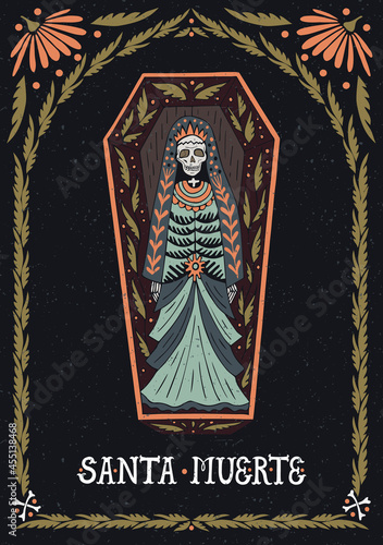 Mexican holiday Day of the Dead. The skeleton of the holy death in the coffin. Illustration for souvenir products