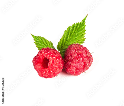 Raspberry isolated. Raspberries with leaf isolate. Raspberry with leaf isolated on white
