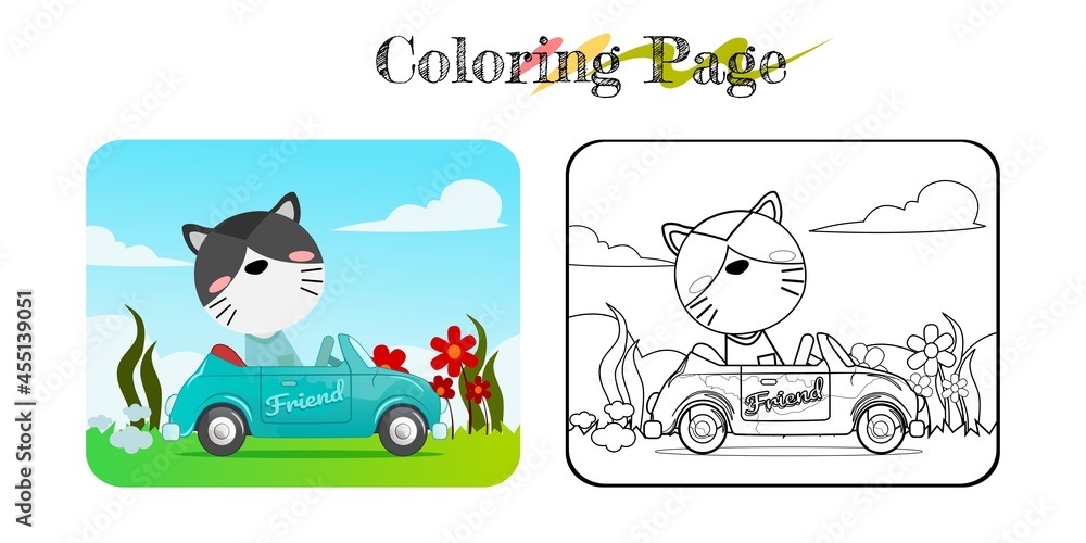 Cartoon of funny cat on blue car with nature background, coloring book or page suitable for multiple purpose