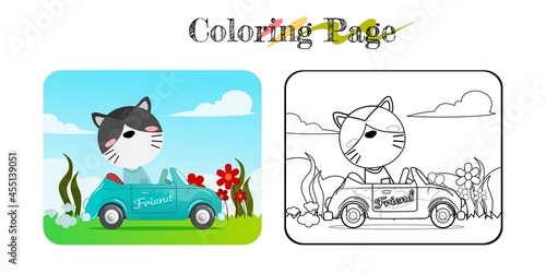 Cartoon of funny cat on blue car with nature background  coloring book or page suitable for multiple purpose