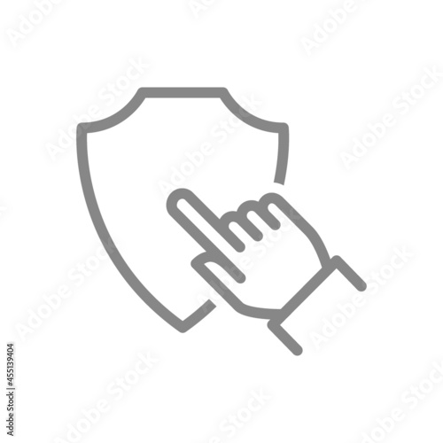 Protective shield with hand line icon. Security sign, insurance, direction