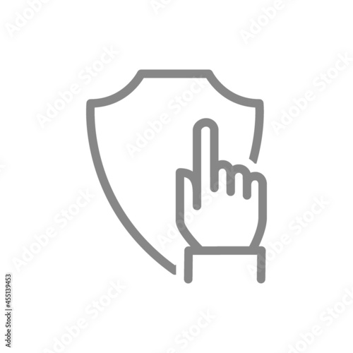 Protective shield with hand, forefinger line icon. Protection, security sign, choice, direction