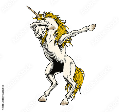 Unicorn dabbing isolated on white background. Dab meme dance move. Comic style vector illustration.