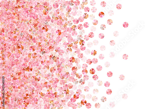 Rosy gold beads confetti placer vector illustration. Rhythmic gymnastics dress sequins background. Glamour shiny bead elements party decoration. Theater costume paillettes.