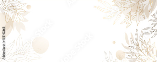 Luxurious golden wallpaper. White background and spots of pastel watercolor. Golden leaves with a shiny light texture. Modern art mural wallpaper. Vector illustration.
