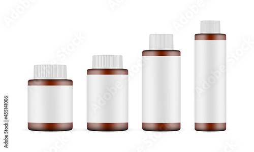 Set of Amber Cosmetic Bottles Mockups with Screw Caps and Blank Labels, Isolated on White Background. Vector Illustration