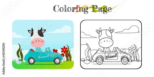 Cartoon of funny cow on blue car with nature background  coloring book or page suitable for multiple purpose