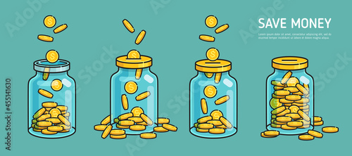 Coins accumulate in jar savings money concept vector illustration.  Accumulate and save your money dollar in jar