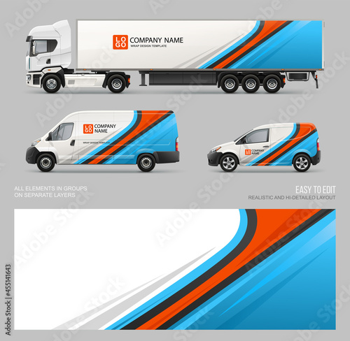 Vector Van, truck trailer realistic mockup with wrap decal for livery branding identity design. Abstract graphic of red and blue stripes wrap, sticker and decal design for transport photo