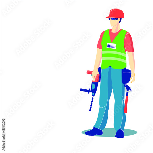 Builder, assembler, carpenter. Dressed in a blue jumpsuit and a red T-shirt. Helmet on the head. Just drilled a hole in the concrete. Holds a puncher in his hand. Looking away. On Budrah mounting belt