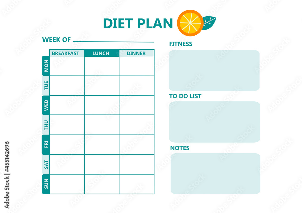 Diet plan schedule. Planning dieting meals for a week. Diet plan schedule. Planning dieting meals for a week.