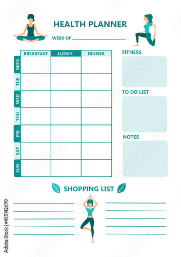 Health meal planner weekly schedule blank ready for printing.