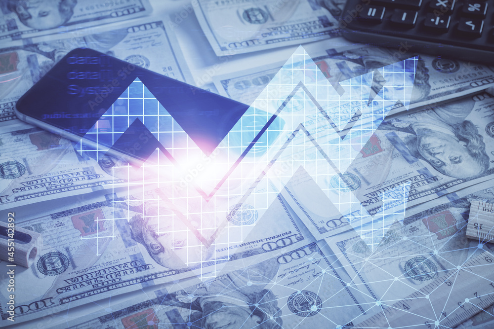 Fototapeta premium Double exposure of grow arrows drawing over usa dollars bill background. Concept of success.