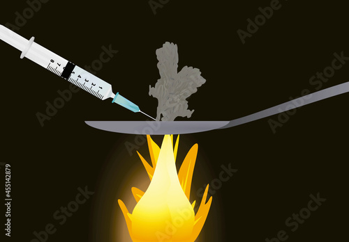 Narcotic drugs in spoon. vector