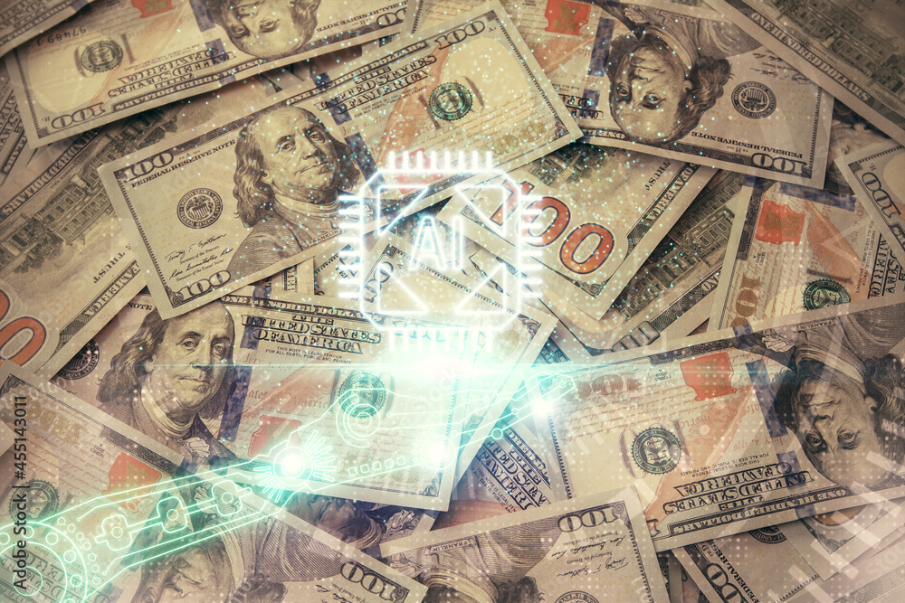 Double exposure of data theme drawing over us dollars bill background. Technology concept. Double exposure of data theme drawing over us dollars bill background. Technology concept.