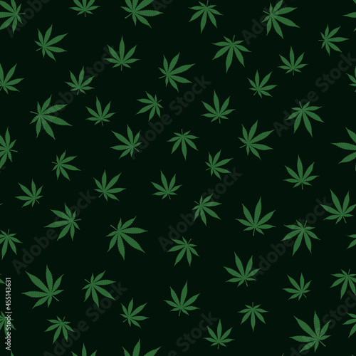 Cannabis leaf Seamless pattern. Marijuana texture Green leaves on black vector background fabric textile wrapping paper © prostoira777