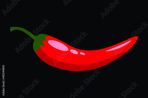 Hot red chili pepper. Red pepper isolated on black background, high quality vector. Illustration of food hot chilli pepper in flat minimalism style.