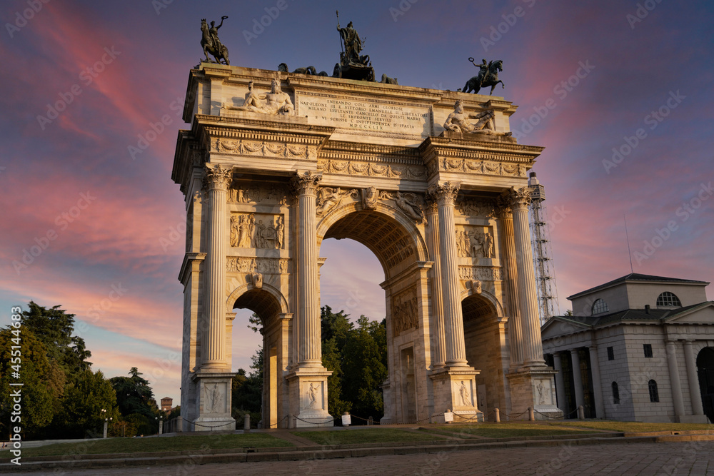 Arch of Peace in milan at sunset. It is one of the main symbols of the city of Milan, Lombardy, Italy, Europe