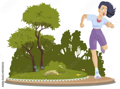 Girl running in park. Healthy life. Illustration for internet and mobile website.