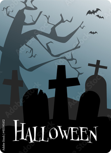 Halloween cemetery. tombstone with cross  bats  scary tree  night. Halloween poste