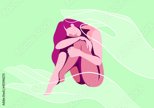 vector illustration on the theme of violence against women. the girl sits huddled. perhaps she is a victim of domestic violence or abuse, physical harassment. helping hands reached out to her.
