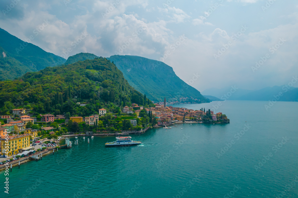 Aerial view of Varenna village on a coast of Como lake, Italy
