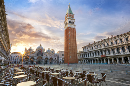 San Marco square with Campanile and Saint Mark's Basilica at sunrise, Venice, Italy