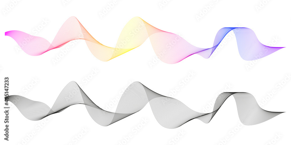 Wavy Rainbow and black lines design element. Abstract smooth curved stripes on white isolated background. Digital frequency sound and voice equalizer. Vector illustration Wavy Rainbow and black lines design element. Abstract smooth curved stripes on white isolated background. Digital frequency sound and voice equalizer. Vector illustration