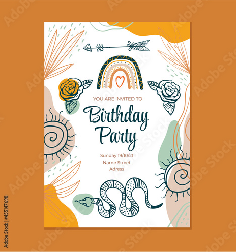 Boho style birthday invitation template graphic design illustration