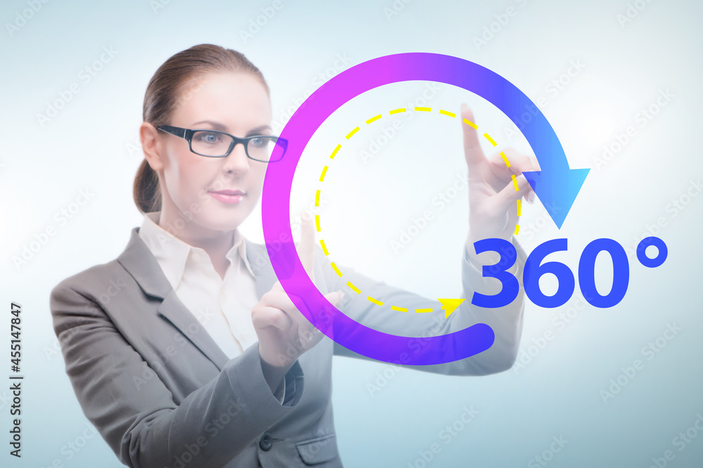 360 degree concept with businesswoman pressing button 360 degree concept with businesswoman pressing button