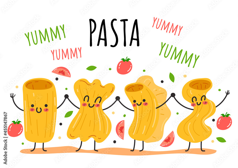 Pasta cartoon doodle characters mascote concept. Vector flat cartoon graphic design illustration