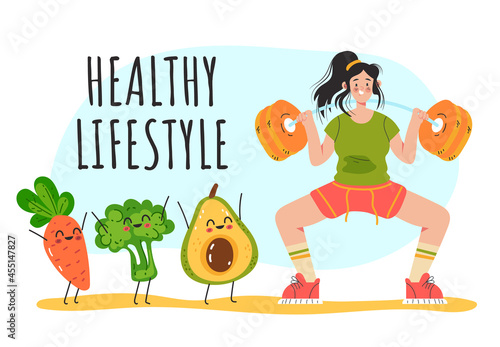 Woman character doing exercise and having healthy nutrition. Vector flat cartoon graphic design illustration