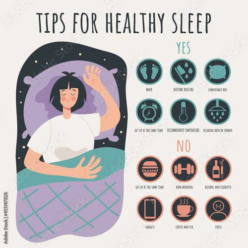 Tips rules for healthy sleep infographic concept. Vector flat cartoon graphic design illustration